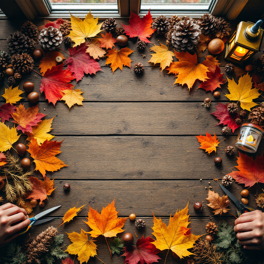 Bastelideen für Kindergartenkinder Herbst mit Kastanien, bunten Blättern und Naturmaterialien auf einem Holztisch