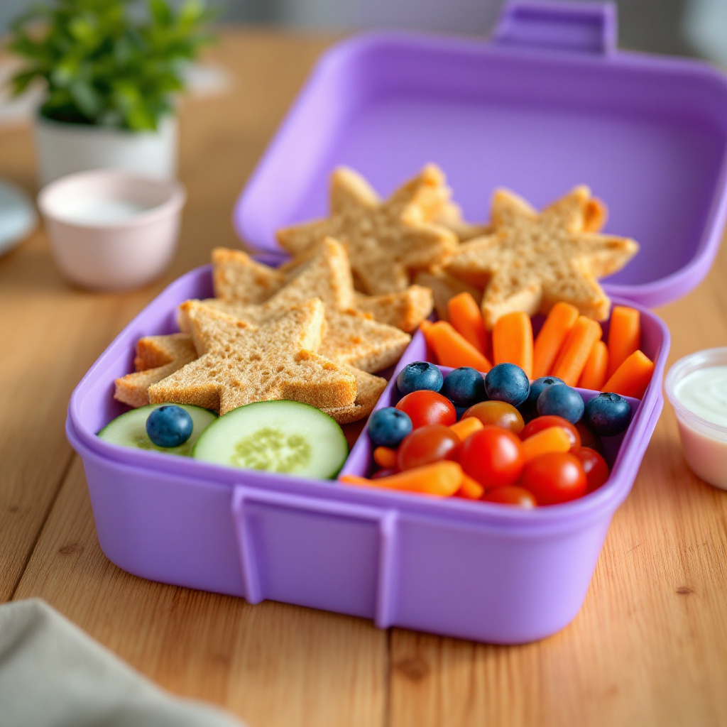 Gesunde Brotdose Kindergarten Ideen mit Vollkornbrot, Obst und Gemüse in bunter Bento-Box