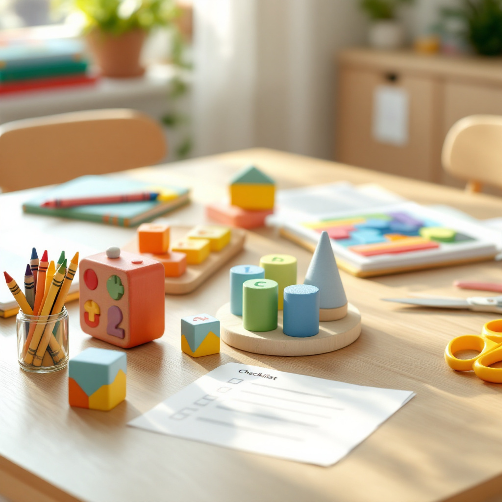 Ist mein Kind schulreif Checkliste mit Lernmaterialien und Vorschulspielzeug auf einem Kita-Tisch