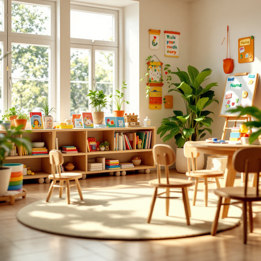 Tagesablauf im Kindergarten erklärt: Stuhlkreis und Spielbereich in einem hellen Kita-Raum am Morgen