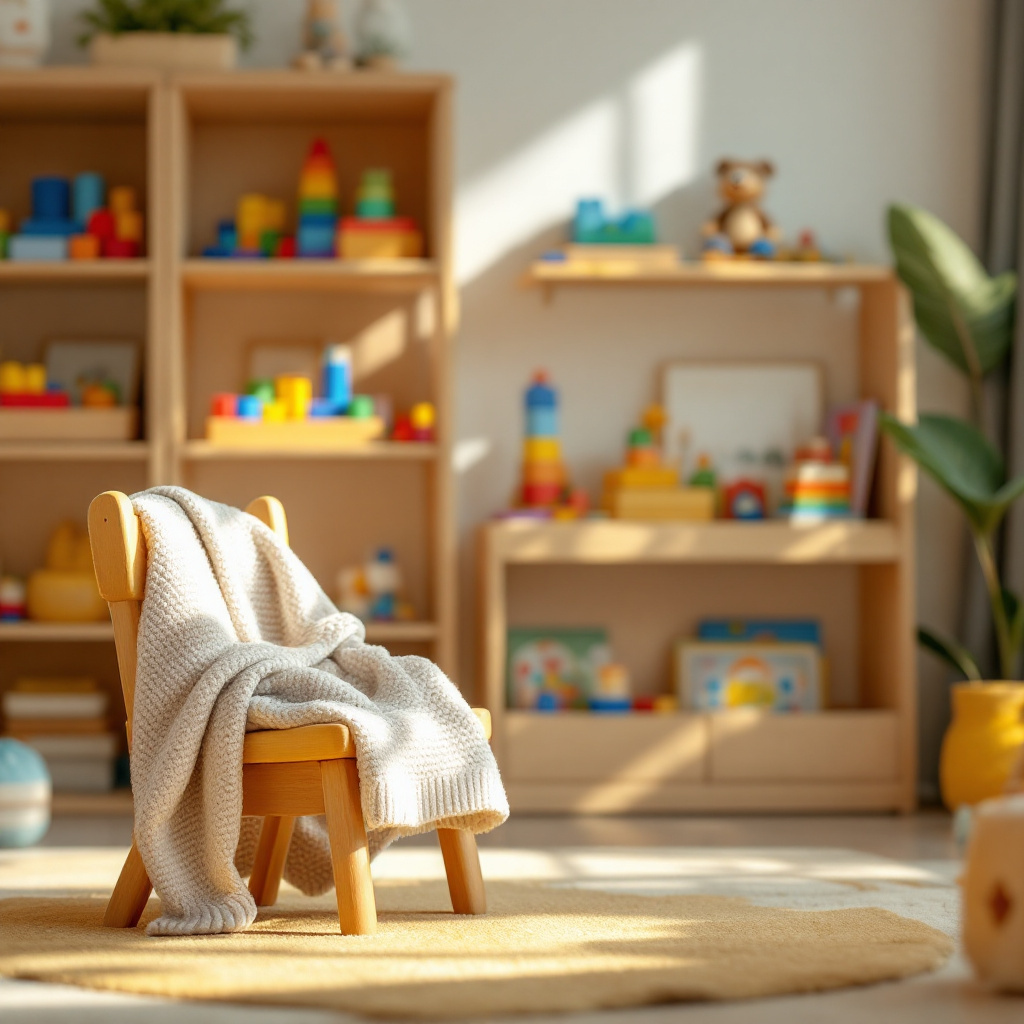 Trotzphase Kindergartenkind Umgang Tipps – ruhige Spielecke im Kindergarten mit Holzspielzeug